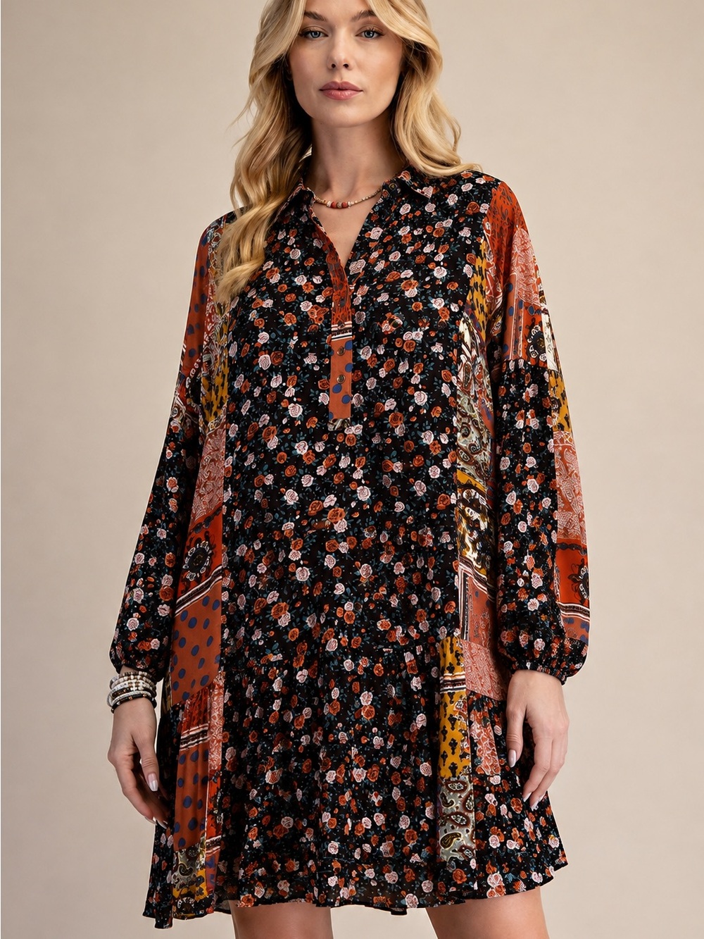easel Floral Patchwork Long-Sleeve Mini Dress in Black and Rust